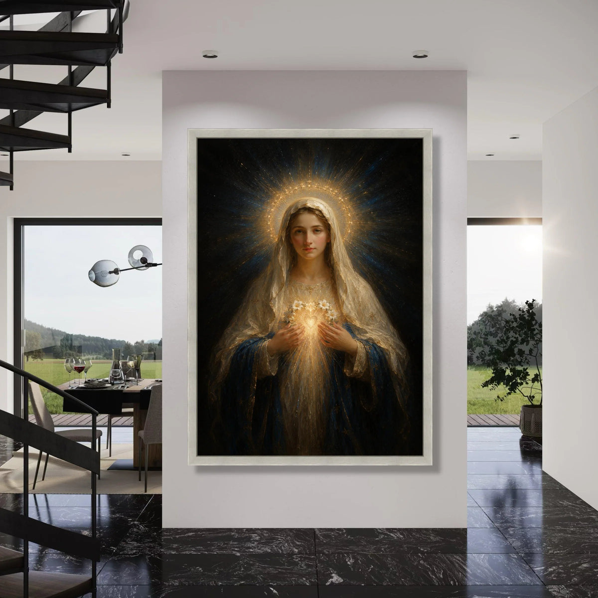 Radiant Virgin Mary Canvas Wall Art, Sacred Heart Illustration, Spiritual Religious Decor, Divine Halo Painting, Home Sanctuary Print Art