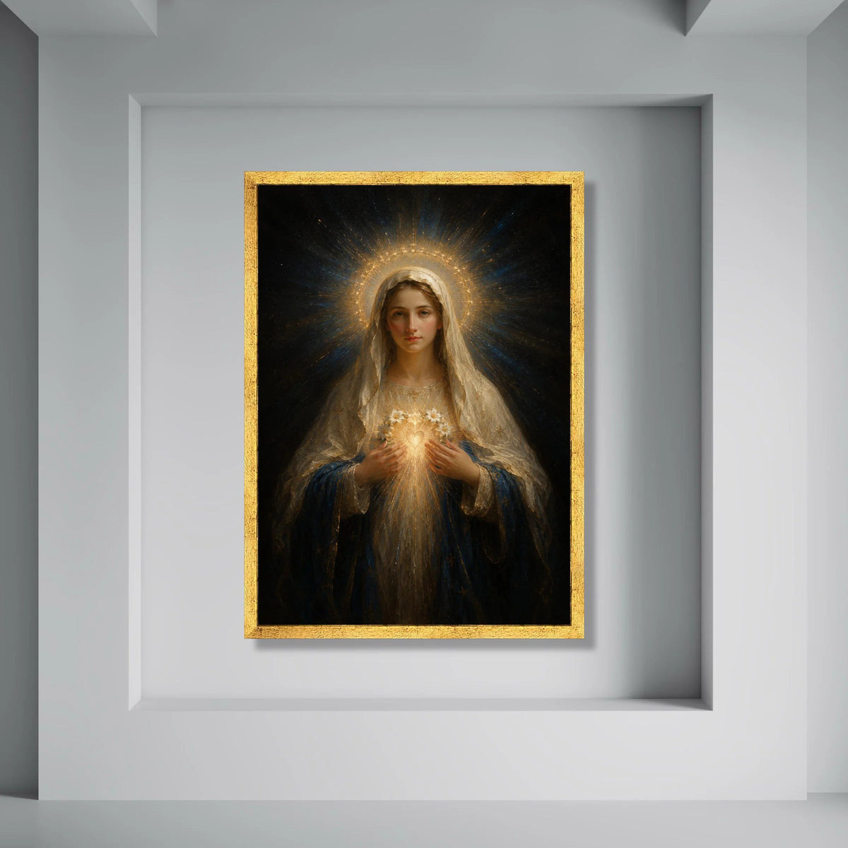 Radiant Virgin Mary Canvas Wall Art, Sacred Heart Illustration, Spiritual Religious Decor, Divine Halo Painting, Home Sanctuary Print Art