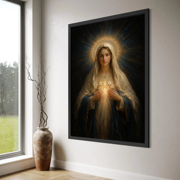 Radiant Virgin Mary Canvas Wall Art, Sacred Heart Illustration, Spiritual Religious Decor, Divine Halo Painting, Home Sanctuary Print Art
