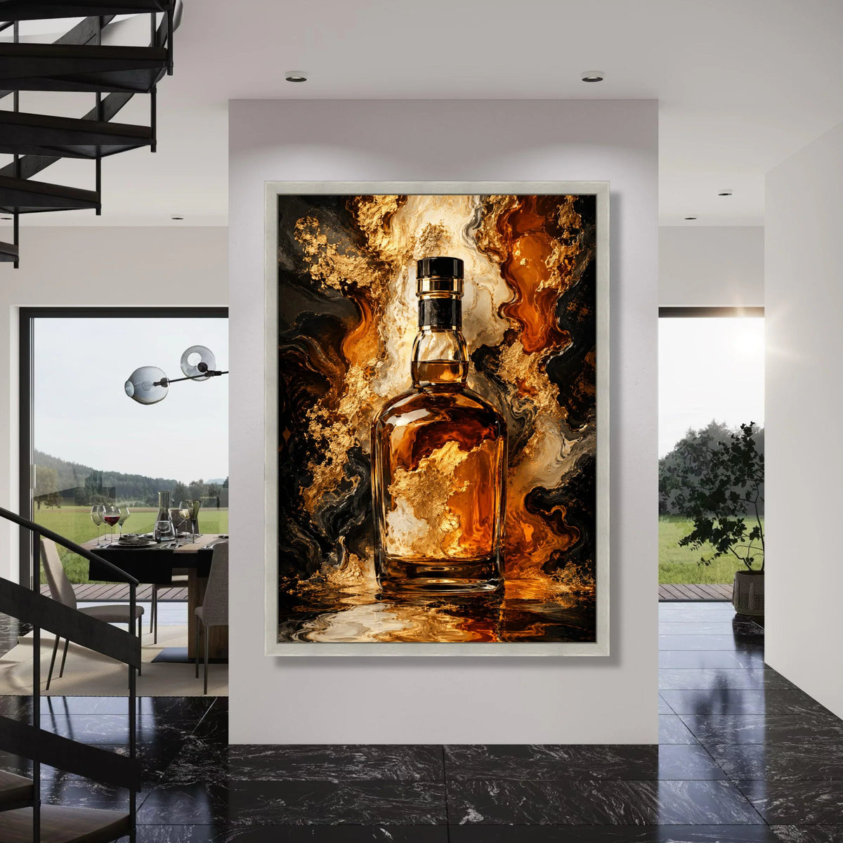 Luxurious Whiskey Bottle Canvas, Golden Amber Drink Art, Abstract Liquid Flow Wall Art, Bar Decor Canvas, Premium Beverage Display Print Art