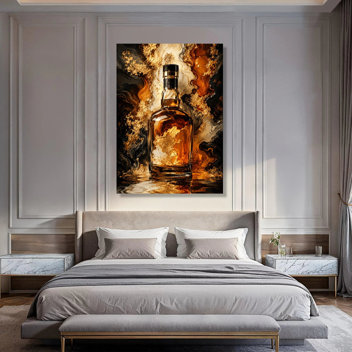 Luxurious Whiskey Bottle Canvas, Golden Amber Drink Art, Abstract Liquid Flow Wall Art, Bar Decor Canvas, Premium Beverage Display Print Art