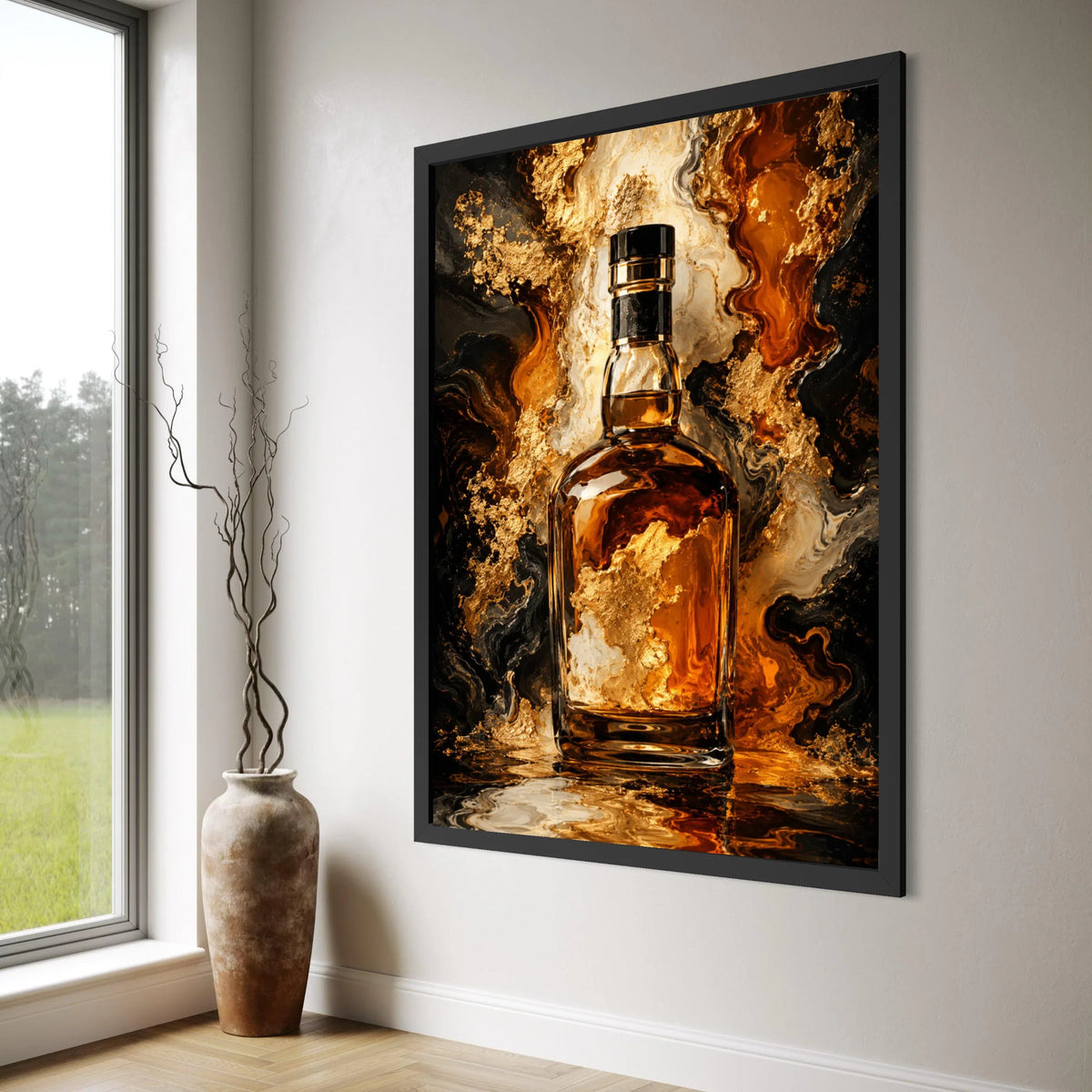 Luxurious Whiskey Bottle Canvas, Golden Amber Drink Art, Abstract Liquid Flow Wall Art, Bar Decor Canvas, Premium Beverage Display Print Art