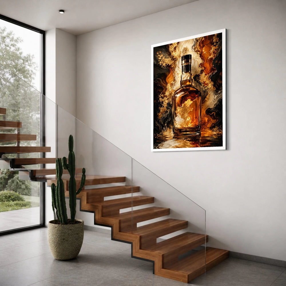 Luxurious Whiskey Bottle Canvas, Golden Amber Drink Art, Abstract Liquid Flow Wall Art, Bar Decor Canvas, Premium Beverage Display Print Art