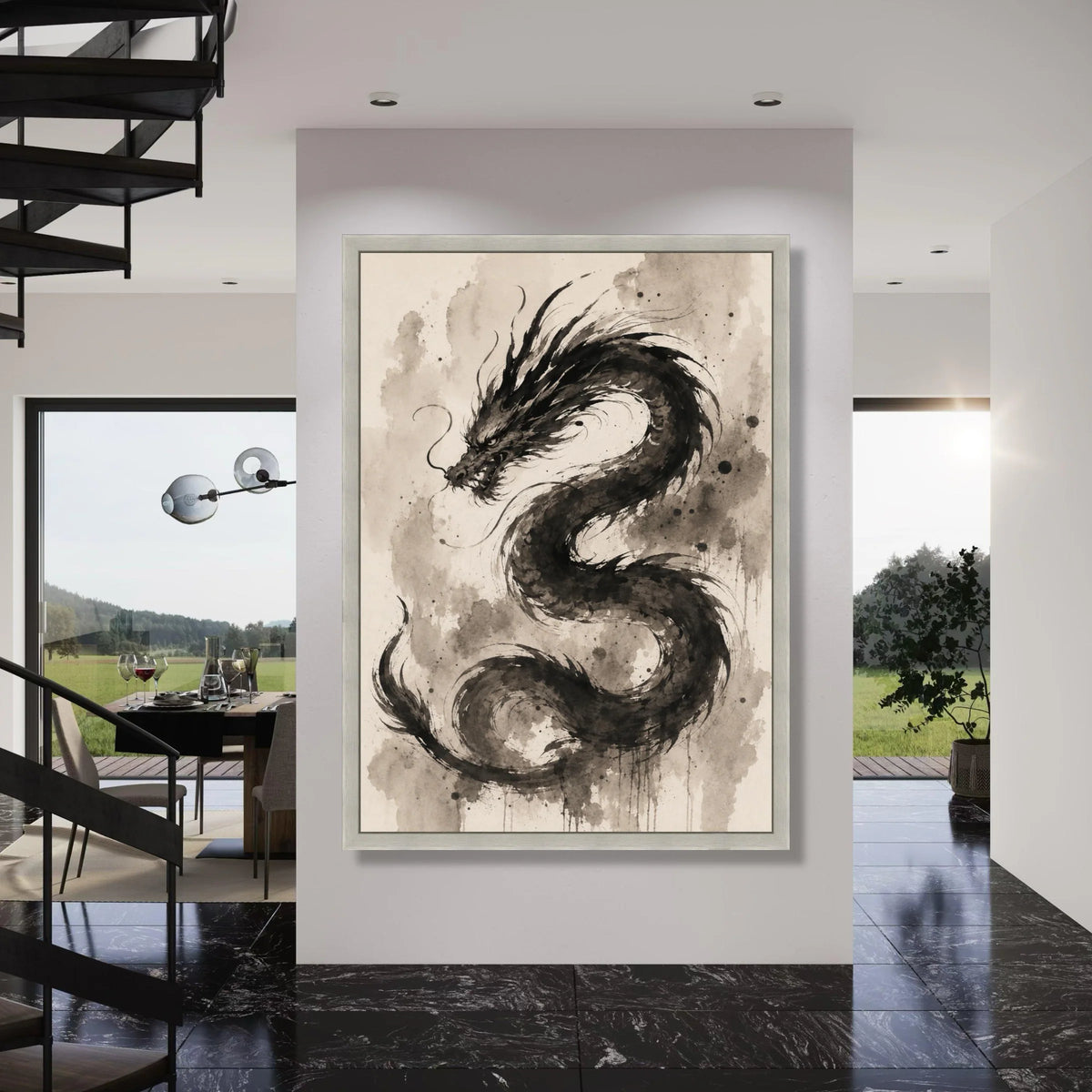 Majestic Black Dragon Canvas, Asian Mythical Creature Wall Art, Ink Style Dragon Painting, Oriental Home Decor, Ready to Hang Print Art