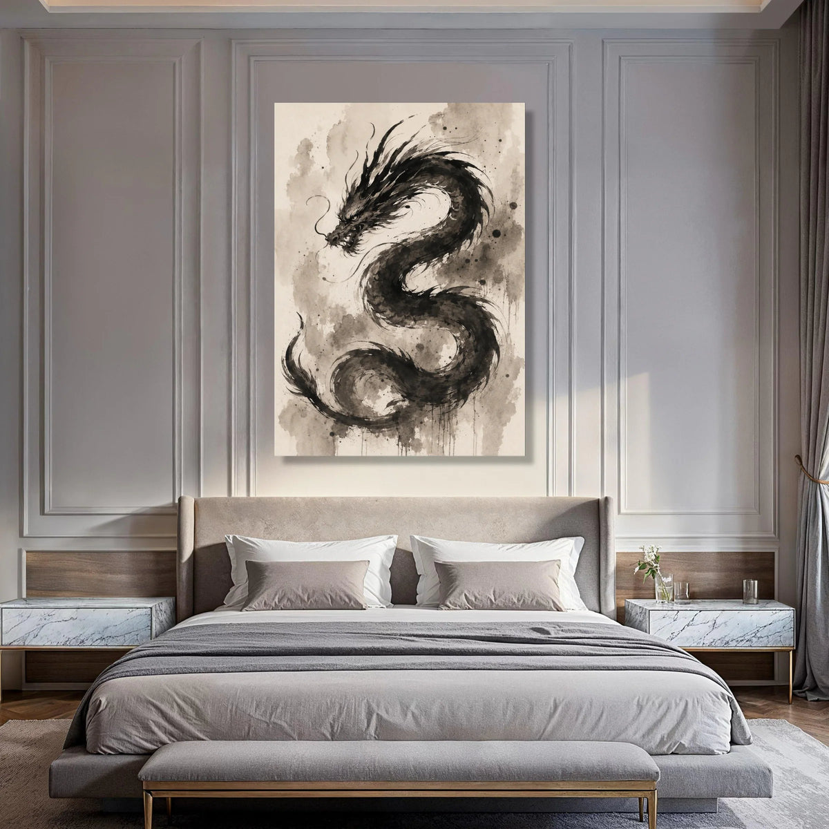 Majestic Black Dragon Canvas, Asian Mythical Creature Wall Art, Ink Style Dragon Painting, Oriental Home Decor, Ready to Hang Print Art