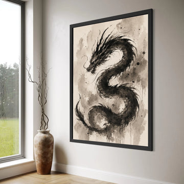 Majestic Black Dragon Canvas, Asian Mythical Creature Wall Art, Ink Style Dragon Painting, Oriental Home Decor, Ready to Hang Print Art