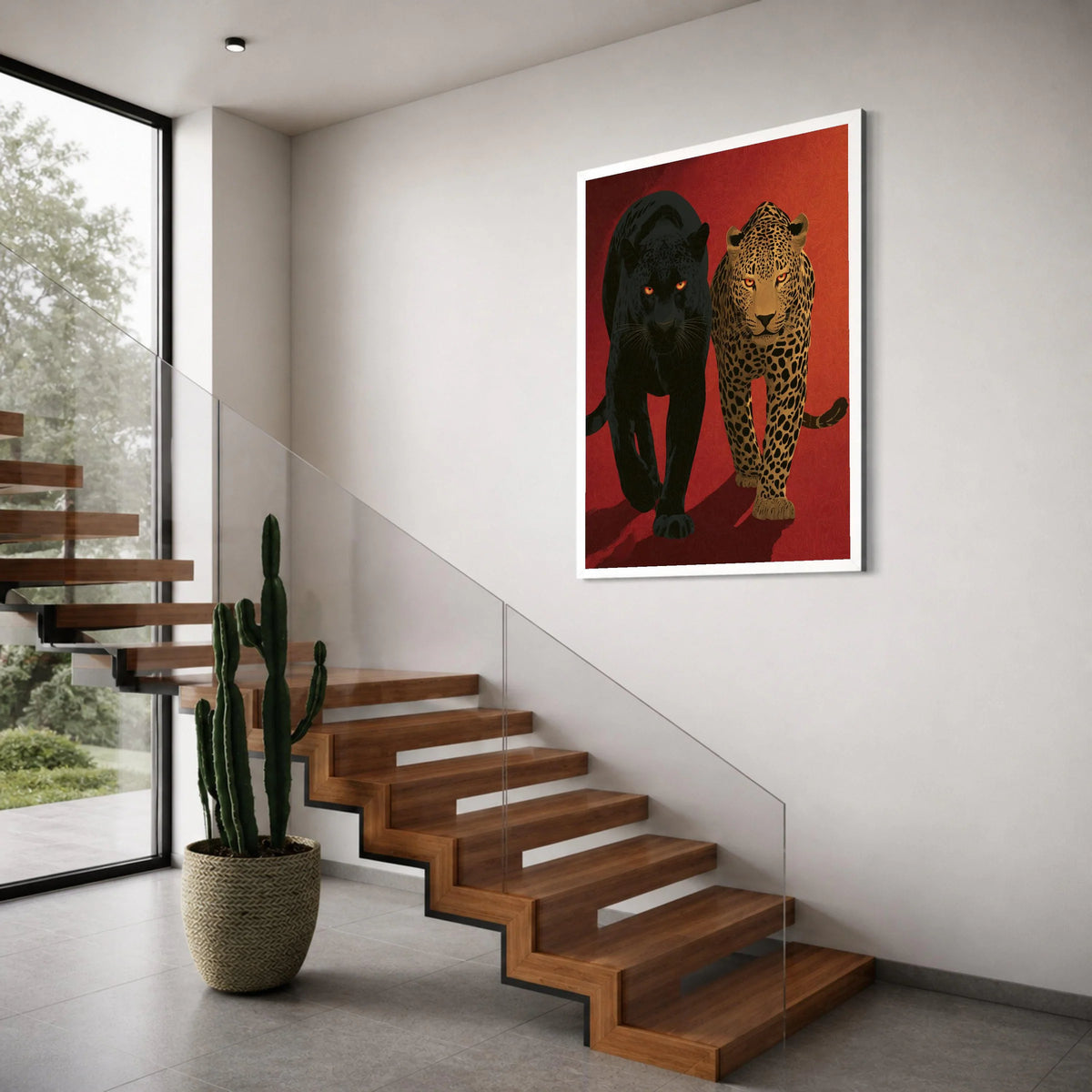 Majestic Black Panther and Leopard Pair, Fierce Animal Canvas Wall Art, Wildlife Portrait Decor, Bold Jungle Cat Illustration, Red Print Art