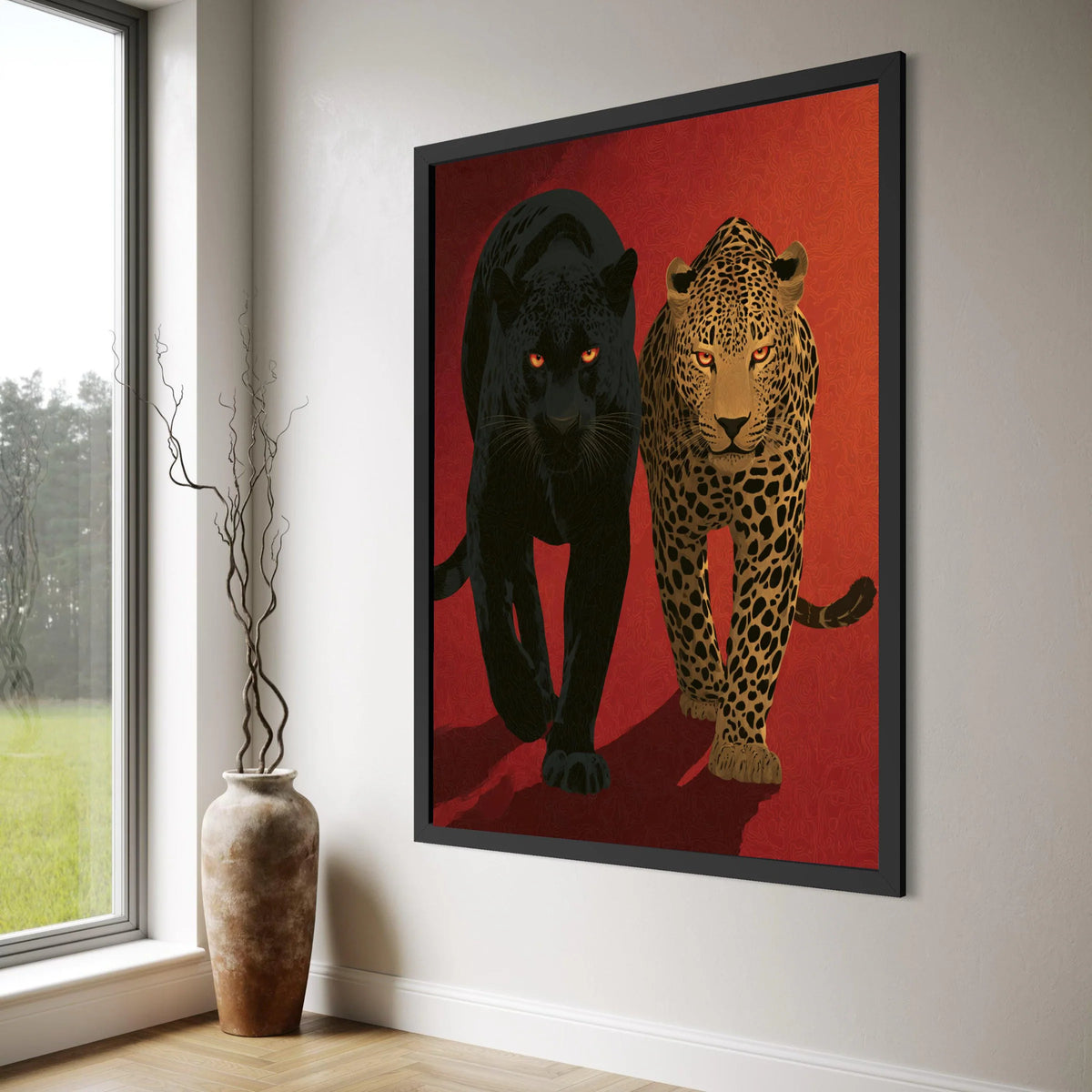 Majestic Black Panther and Leopard Pair, Fierce Animal Canvas Wall Art, Wildlife Portrait Decor, Bold Jungle Cat Illustration, Red Print Art