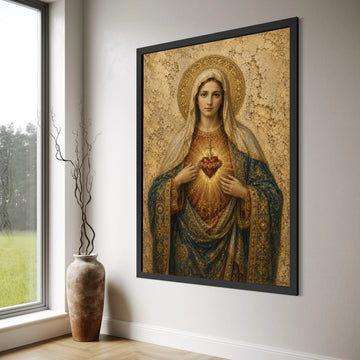 Sacred Heart of Mary Canvas Wall Art, Religious Icon Painting, Spiritual Catholic Decor, Virgin Mary Portrait, Inspirational Print Art