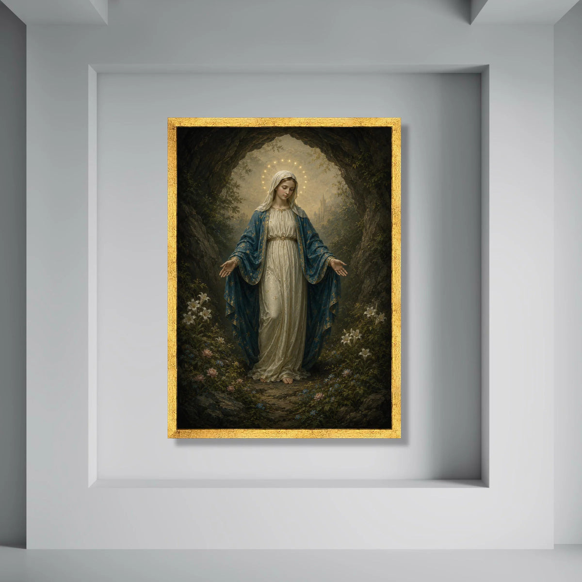 Virgin Mary Canvas Wall Art, Religious Spiritual Artwork, Sacred Female Figure, Christian Home Decoration, Halo and Floral Scene Print Art