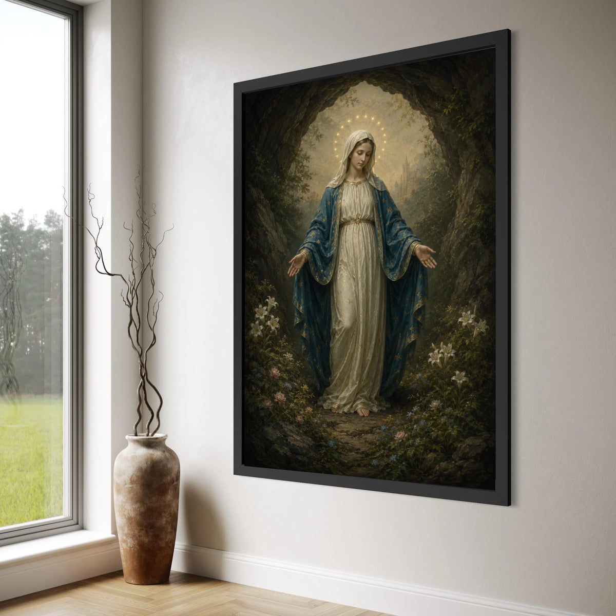 Virgin Mary Canvas Wall Art, Religious Spiritual Artwork, Sacred Female Figure, Christian Home Decoration, Halo and Floral Scene Print Art