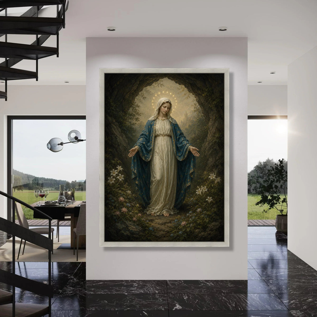 Virgin Mary Canvas Wall Art, Religious Spiritual Artwork, Sacred Female Figure, Christian Home Decoration, Halo and Floral Scene Print Art