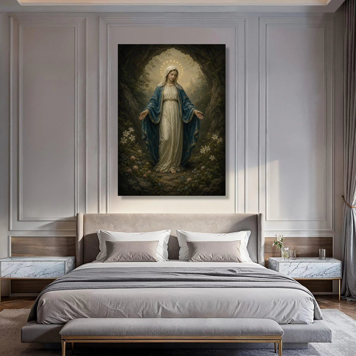 Virgin Mary Canvas Wall Art, Religious Spiritual Artwork, Sacred Female Figure, Christian Home Decoration, Halo and Floral Scene Print Art