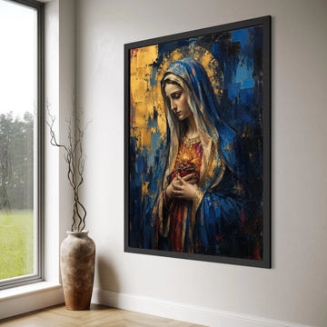 Sacred Heart Woman Canvas Wall Art, Religious Icon Painting, Virgin Mary Portrait, Blue and Gold Decor, Spiritual Canvas Art for Print Art