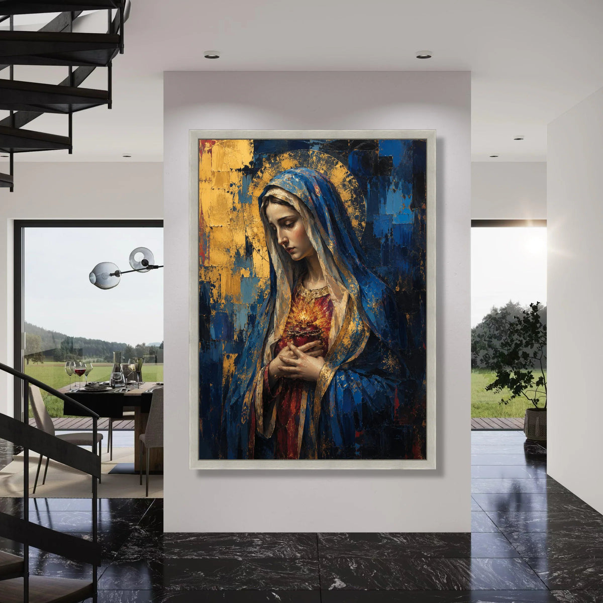 Sacred Heart Woman Canvas Wall Art, Religious Icon Painting, Virgin Mary Portrait, Blue and Gold Decor, Spiritual Canvas Art for Print Art