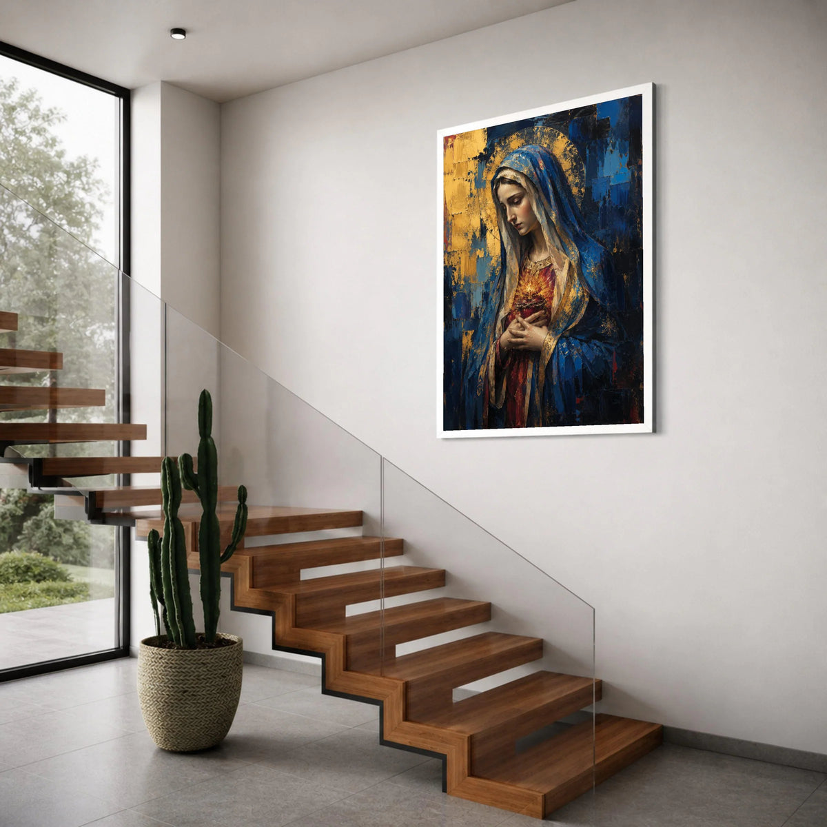 Sacred Heart Woman Canvas Wall Art, Religious Icon Painting, Virgin Mary Portrait, Blue and Gold Decor, Spiritual Canvas Art for Print Art