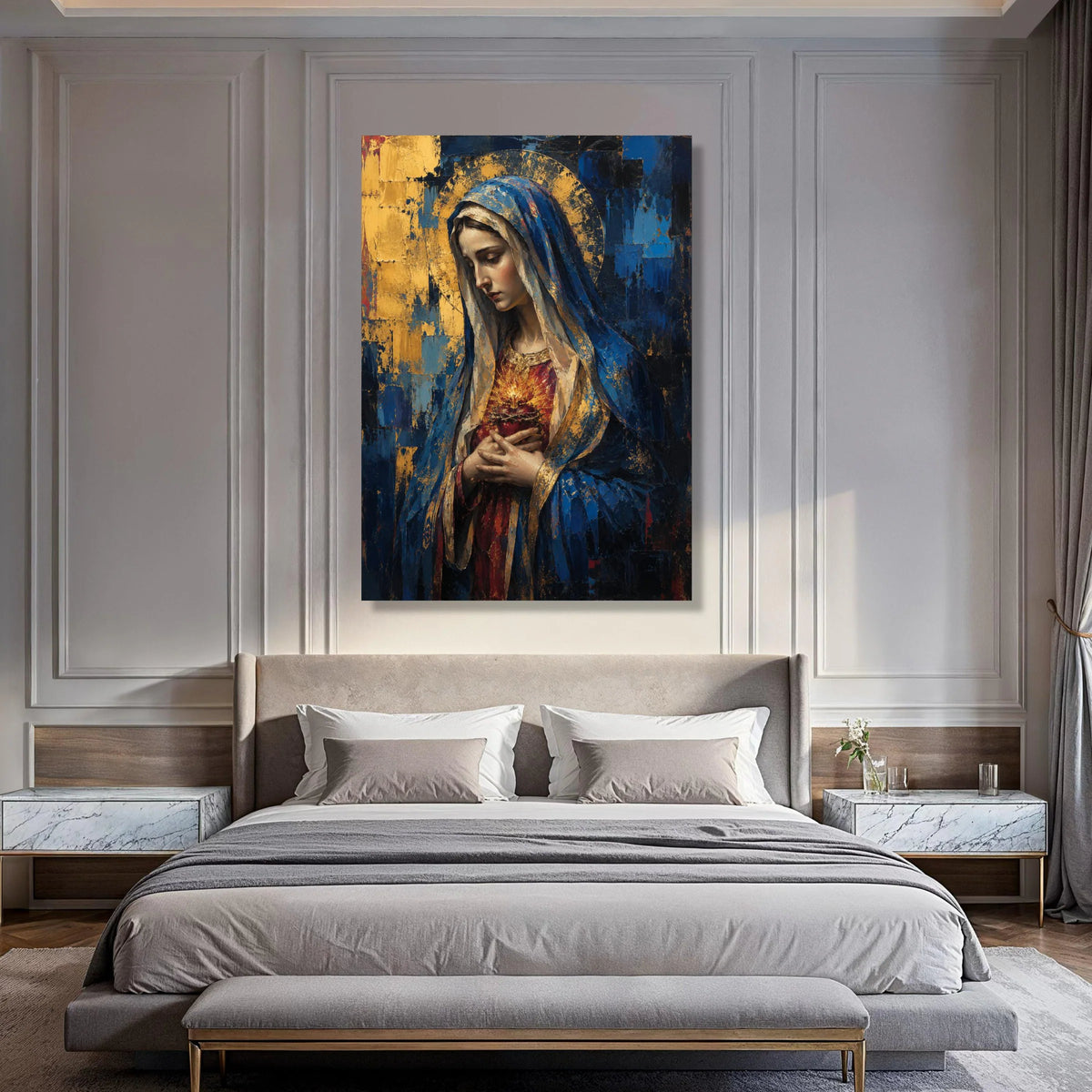 Sacred Heart Woman Canvas Wall Art, Religious Icon Painting, Virgin Mary Portrait, Blue and Gold Decor, Spiritual Canvas Art for Print Art