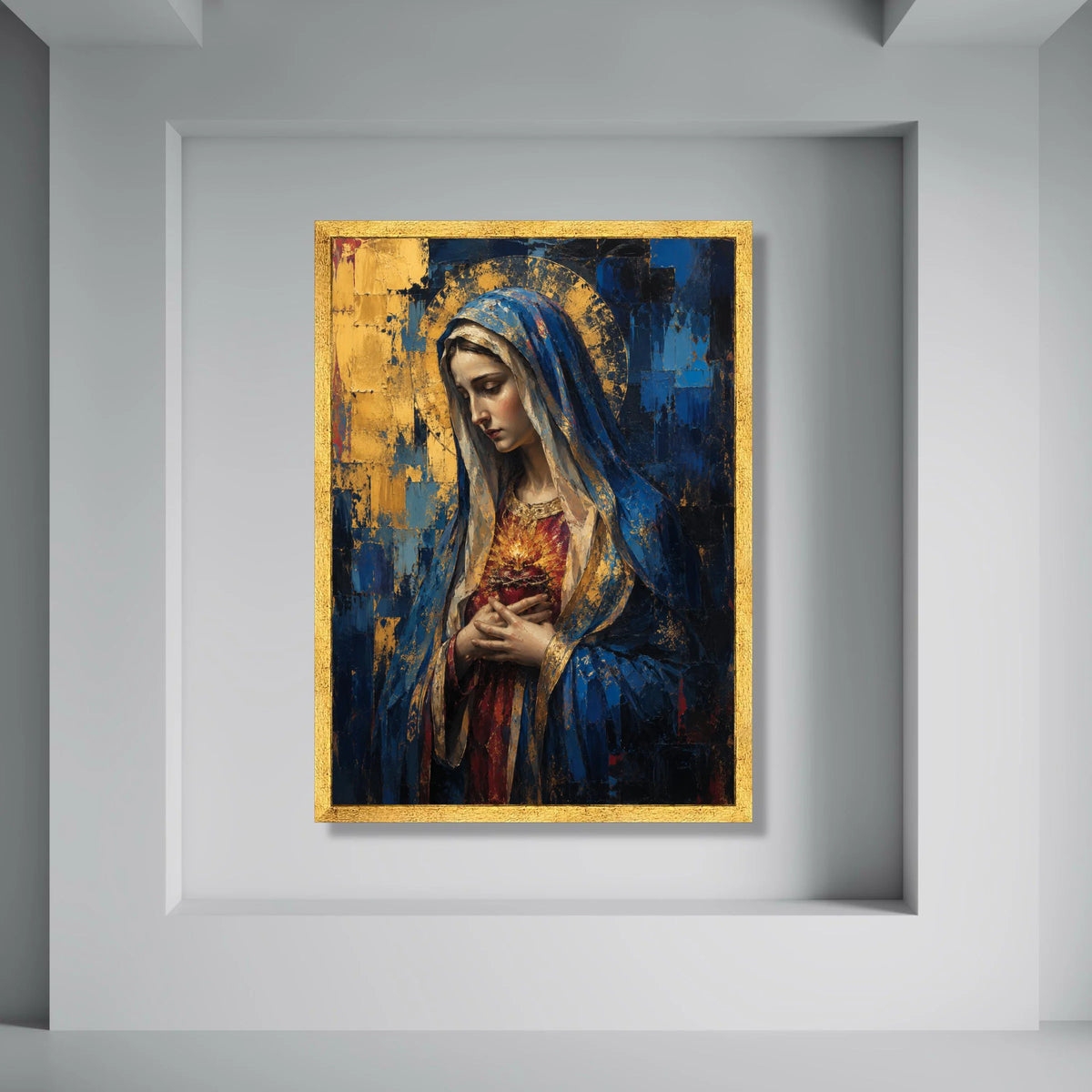 Sacred Heart Woman Canvas Wall Art, Religious Icon Painting, Virgin Mary Portrait, Blue and Gold Decor, Spiritual Canvas Art for Print Art