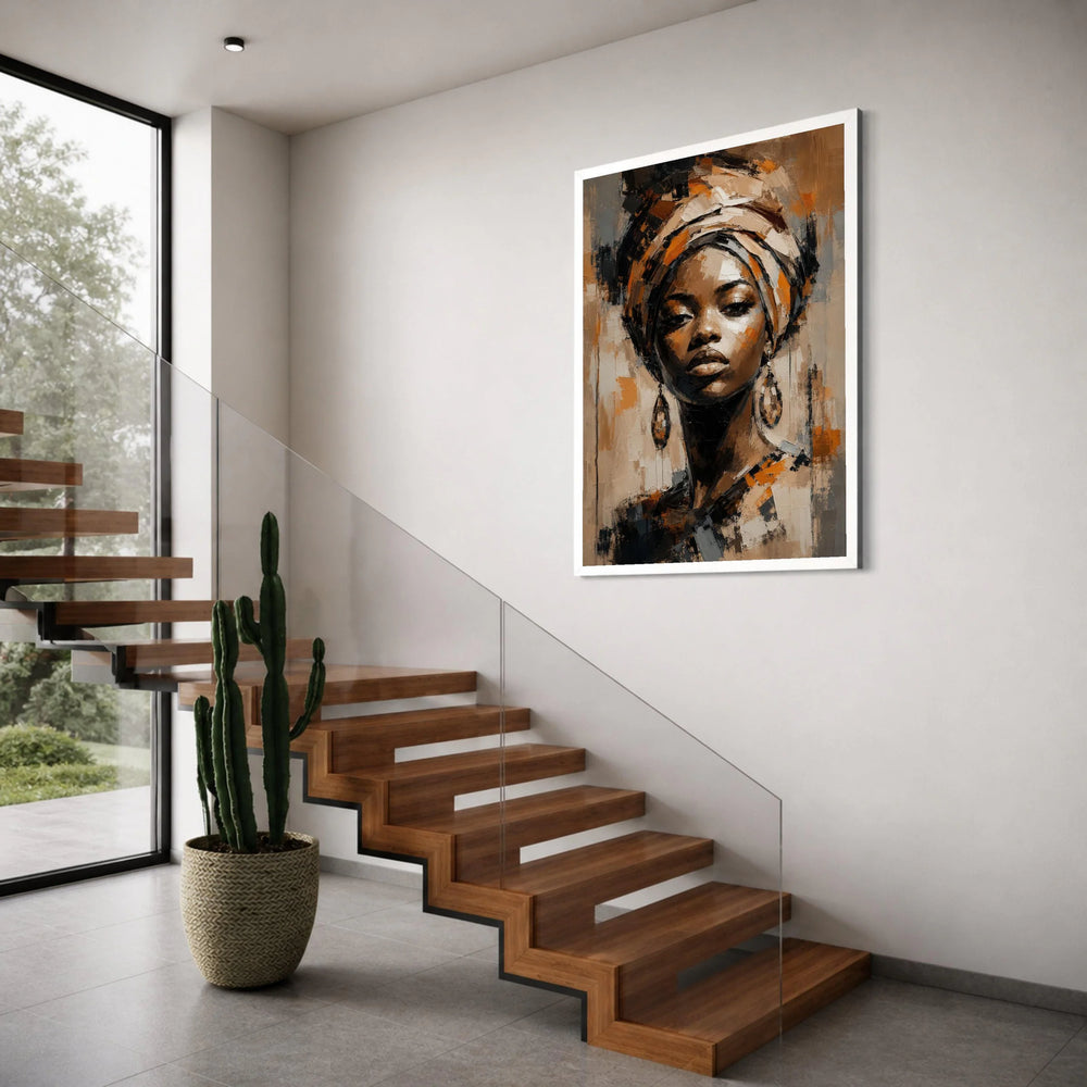 Majestic African Woman Portrait Canvas, Ethnic Headwrap Wall Art, Contemporary Female Face Painting, Bold Home Decoration Print Art
