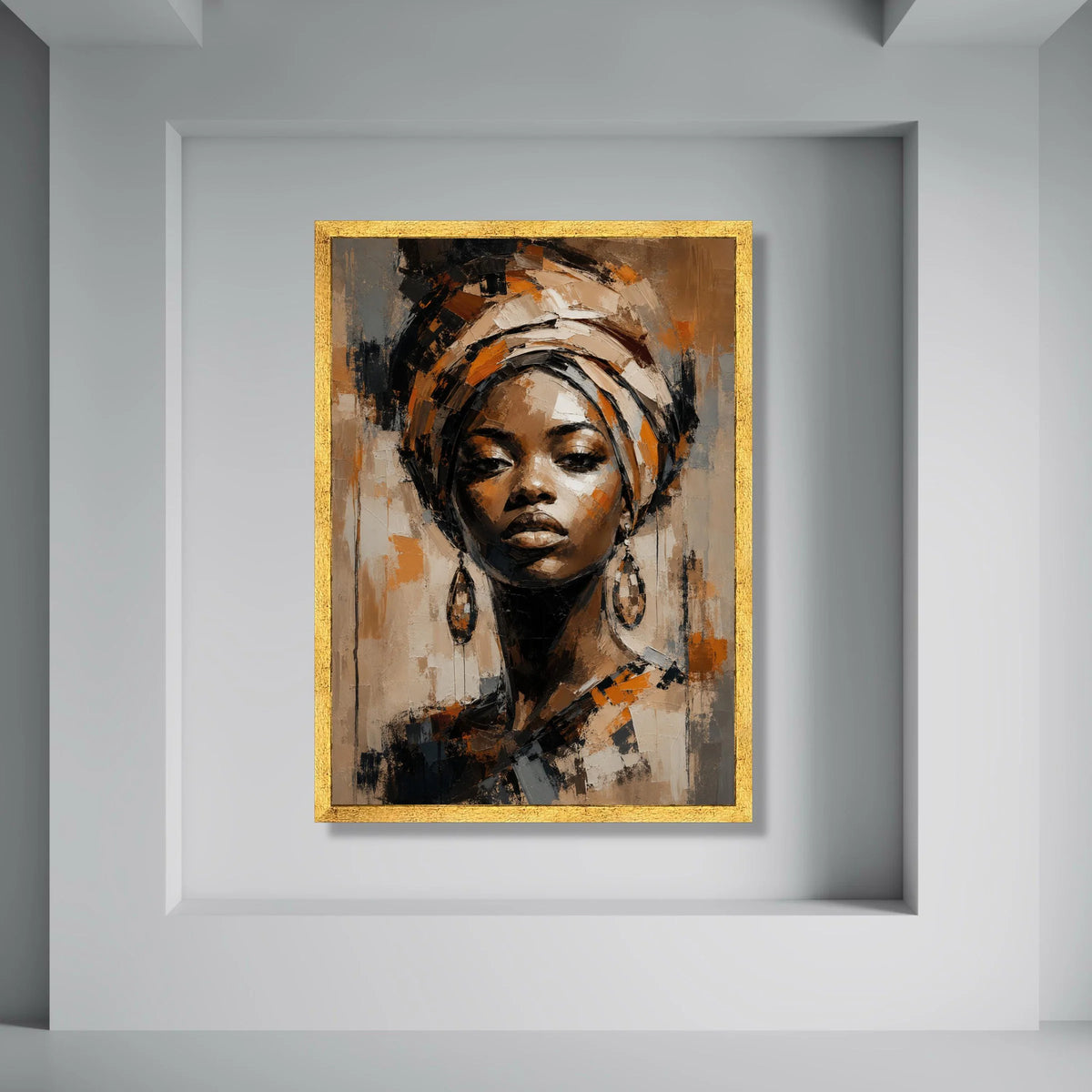 Majestic African Woman Portrait Canvas, Ethnic Headwrap Wall Art, Contemporary Female Face Painting, Bold Home Decoration Print Art