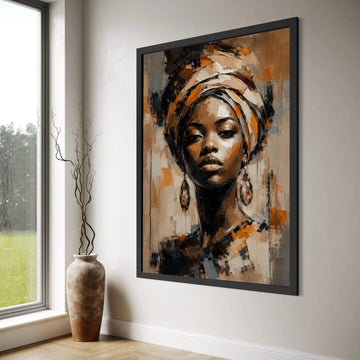 Majestic African Woman Portrait Canvas, Ethnic Headwrap Wall Art, Contemporary Female Face Painting, Bold Home Decoration Print Art