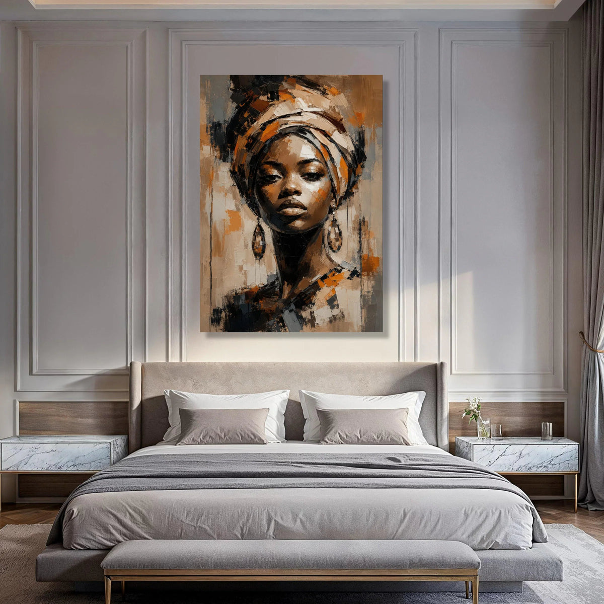 Majestic African Woman Portrait Canvas, Ethnic Headwrap Wall Art, Contemporary Female Face Painting, Bold Home Decoration Print Art
