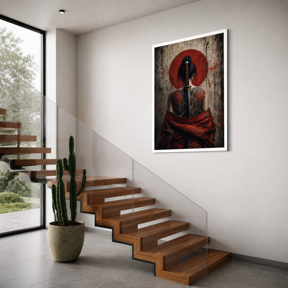 Japanese Samurai Woman Canvas, Traditional Sword and Tattoo Art, Red Kimono Wall Decor, Asian Culture Canvas, Unique Home Print Art