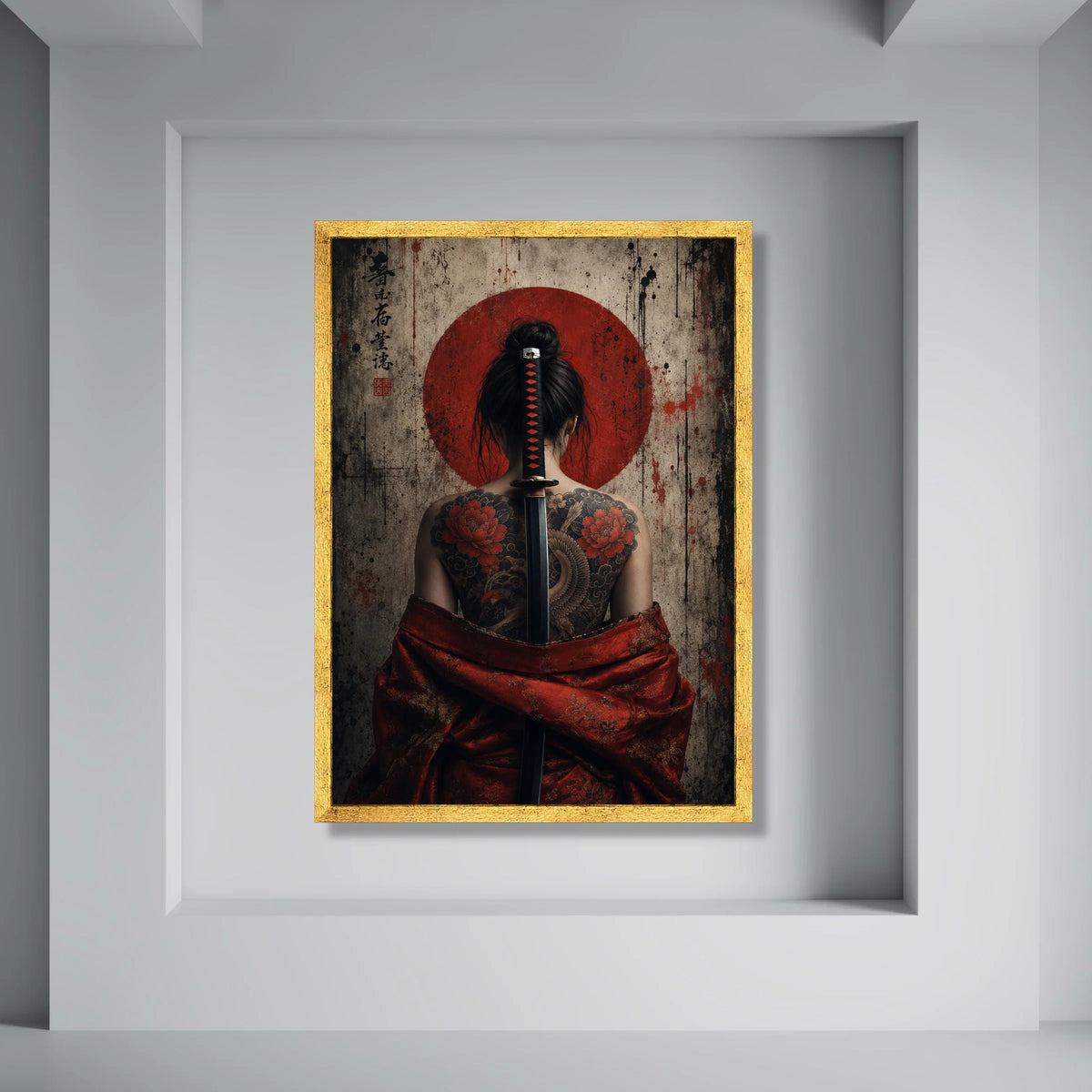 Japanese Samurai Woman Canvas, Traditional Sword and Tattoo Art, Red Kimono Wall Decor, Asian Culture Canvas, Unique Home Print Art