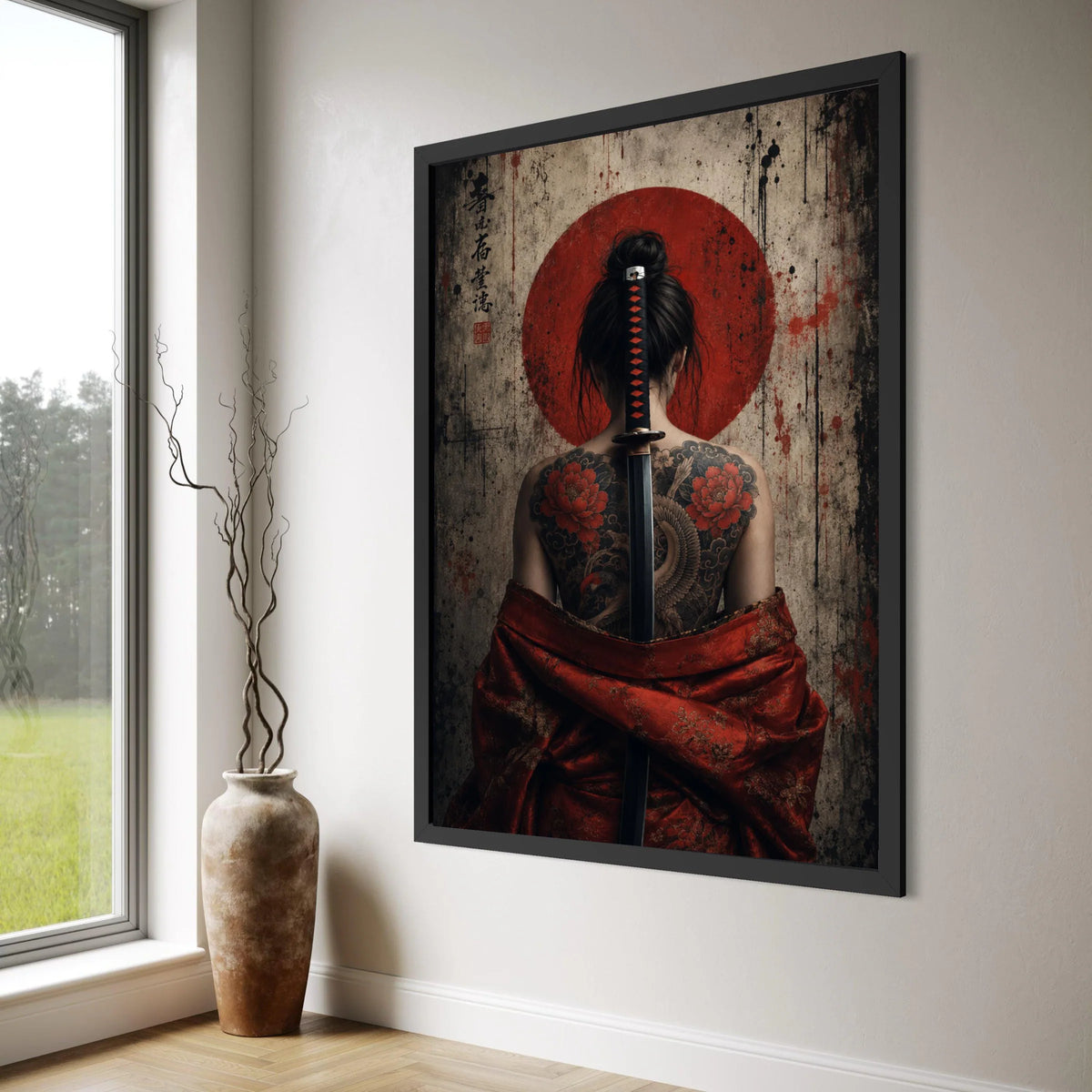 Japanese Samurai Woman Canvas, Traditional Sword and Tattoo Art, Red Kimono Wall Decor, Asian Culture Canvas, Unique Home Print Art