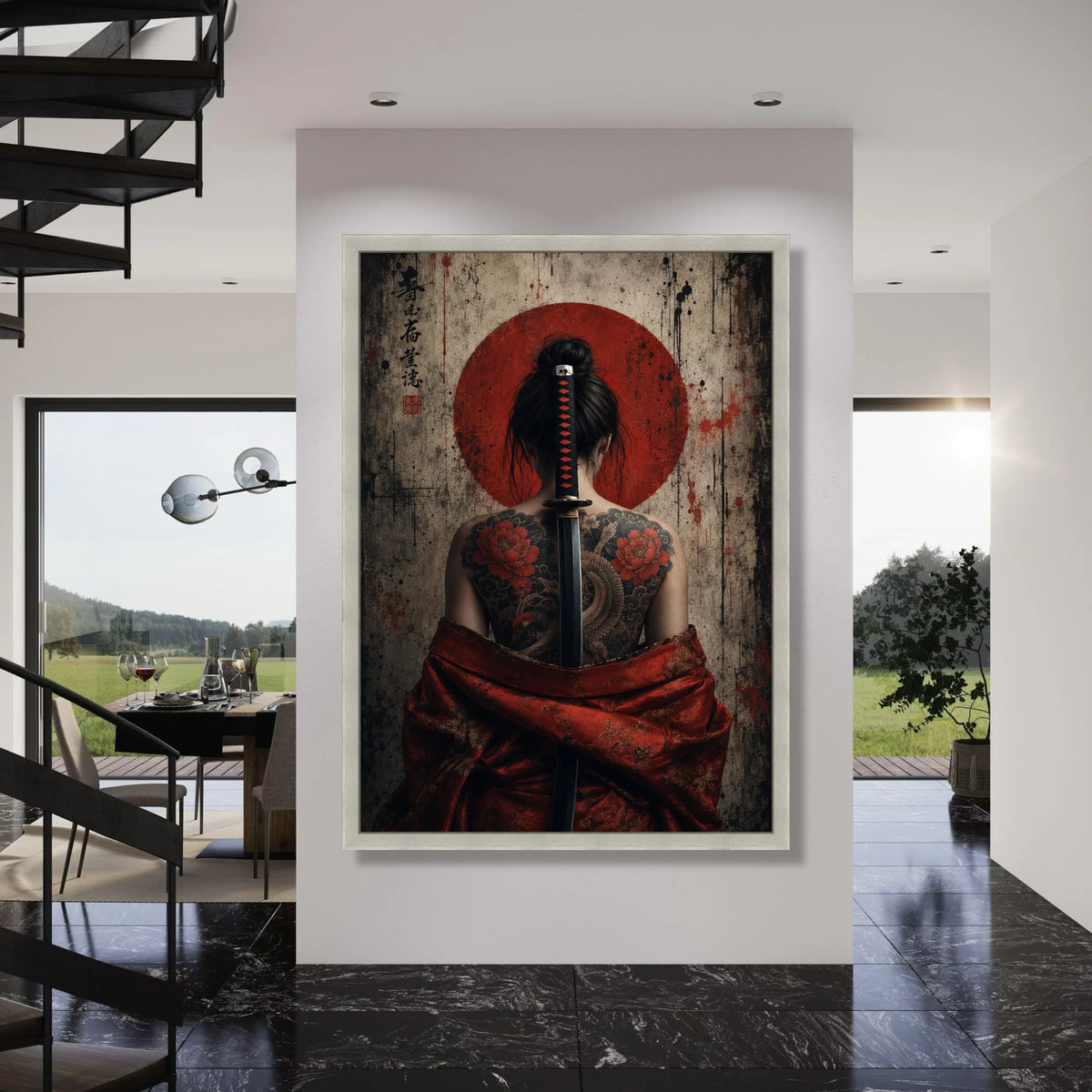 Japanese Samurai Woman Canvas, Traditional Sword and Tattoo Art, Red Kimono Wall Decor, Asian Culture Canvas, Unique Home Print Art
