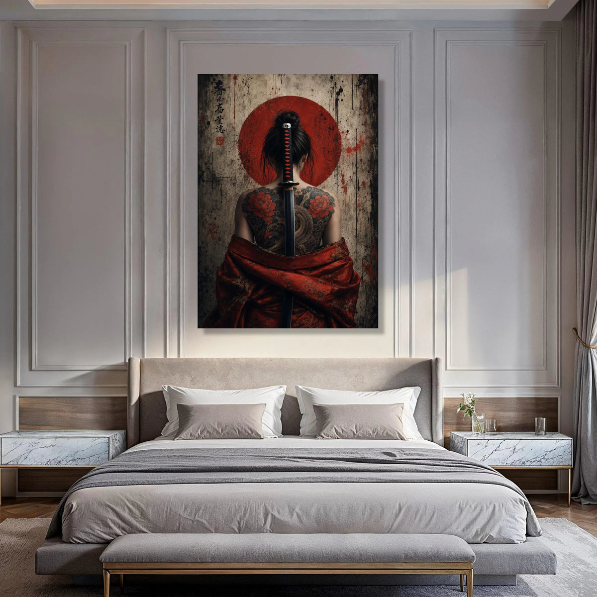 Japanese Samurai Woman Canvas, Traditional Sword and Tattoo Art, Red Kimono Wall Decor, Asian Culture Canvas, Unique Home Print Art