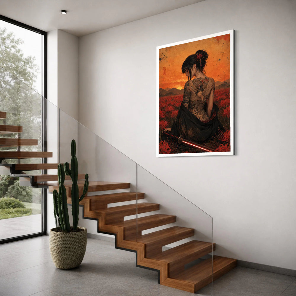 Elegant Samurai Woman with Crane Tattoo, Sunset Field Canvas, Japanese Floral Art, Sword and Red Blooms, Asian Wall Decor Print Art