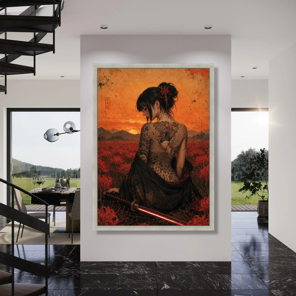 Elegant Samurai Woman with Crane Tattoo, Sunset Field Canvas, Japanese Floral Art, Sword and Red Blooms, Asian Wall Decor Print Art
