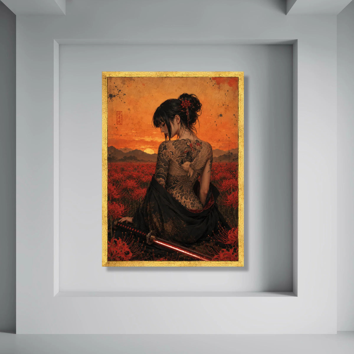 Elegant Samurai Woman with Crane Tattoo, Sunset Field Canvas, Japanese Floral Art, Sword and Red Blooms, Asian Wall Decor Print Art