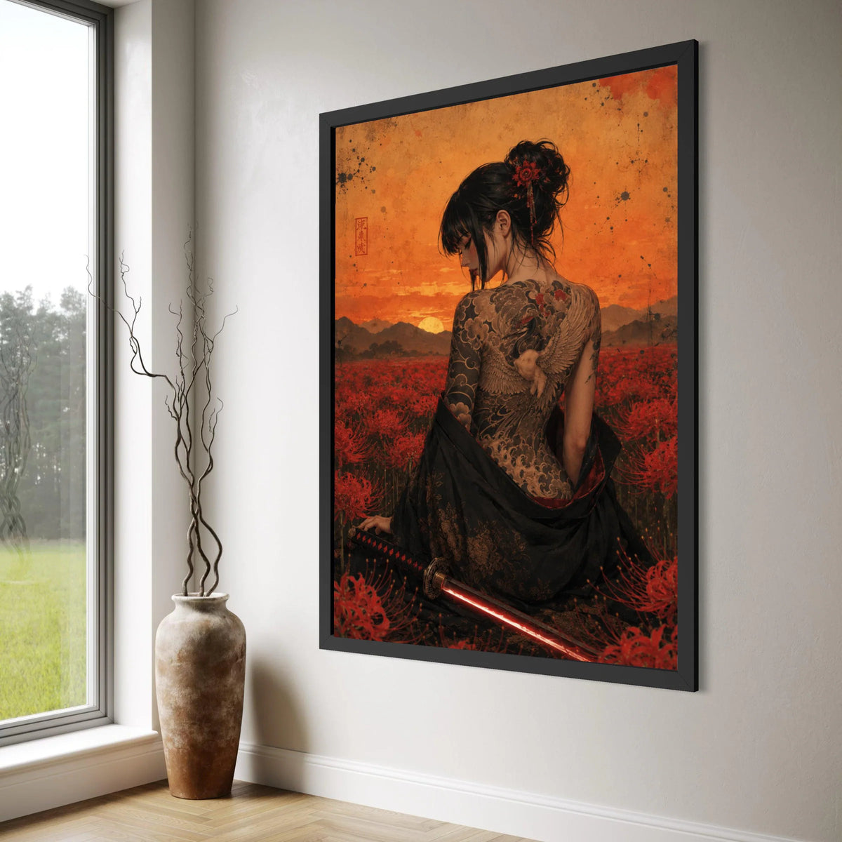 Elegant Samurai Woman with Crane Tattoo, Sunset Field Canvas, Japanese Floral Art, Sword and Red Blooms, Asian Wall Decor Print Art