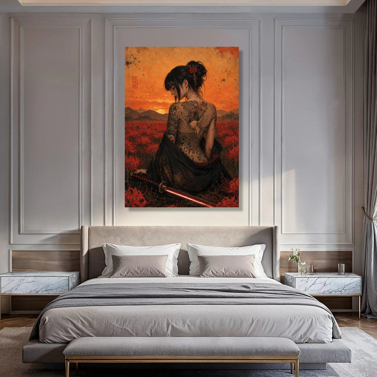 Elegant Samurai Woman with Crane Tattoo, Sunset Field Canvas, Japanese Floral Art, Sword and Red Blooms, Asian Wall Decor Print Art
