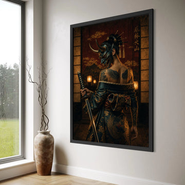 Samurai Woman with Oni Mask and Katana, Traditional Japanese Kimono Canvas, Dark Warrior Wall Art, Tattooed Samurai Canvas, Print Art