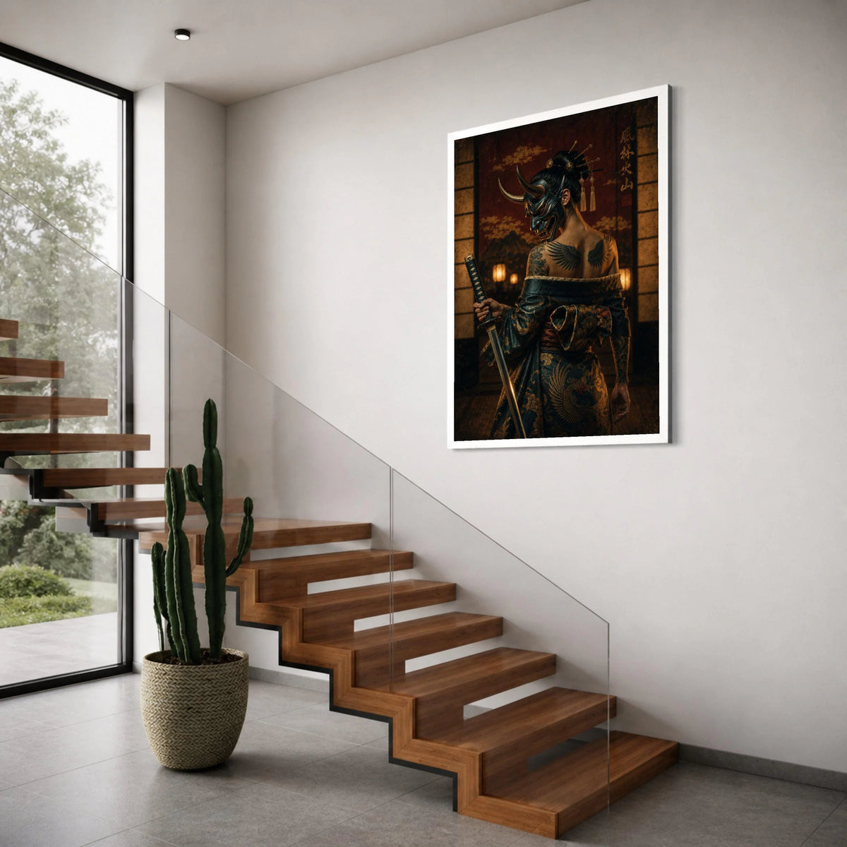 Samurai Woman with Oni Mask and Katana, Traditional Japanese Kimono Canvas, Dark Warrior Wall Art, Tattooed Samurai Canvas, Print Art