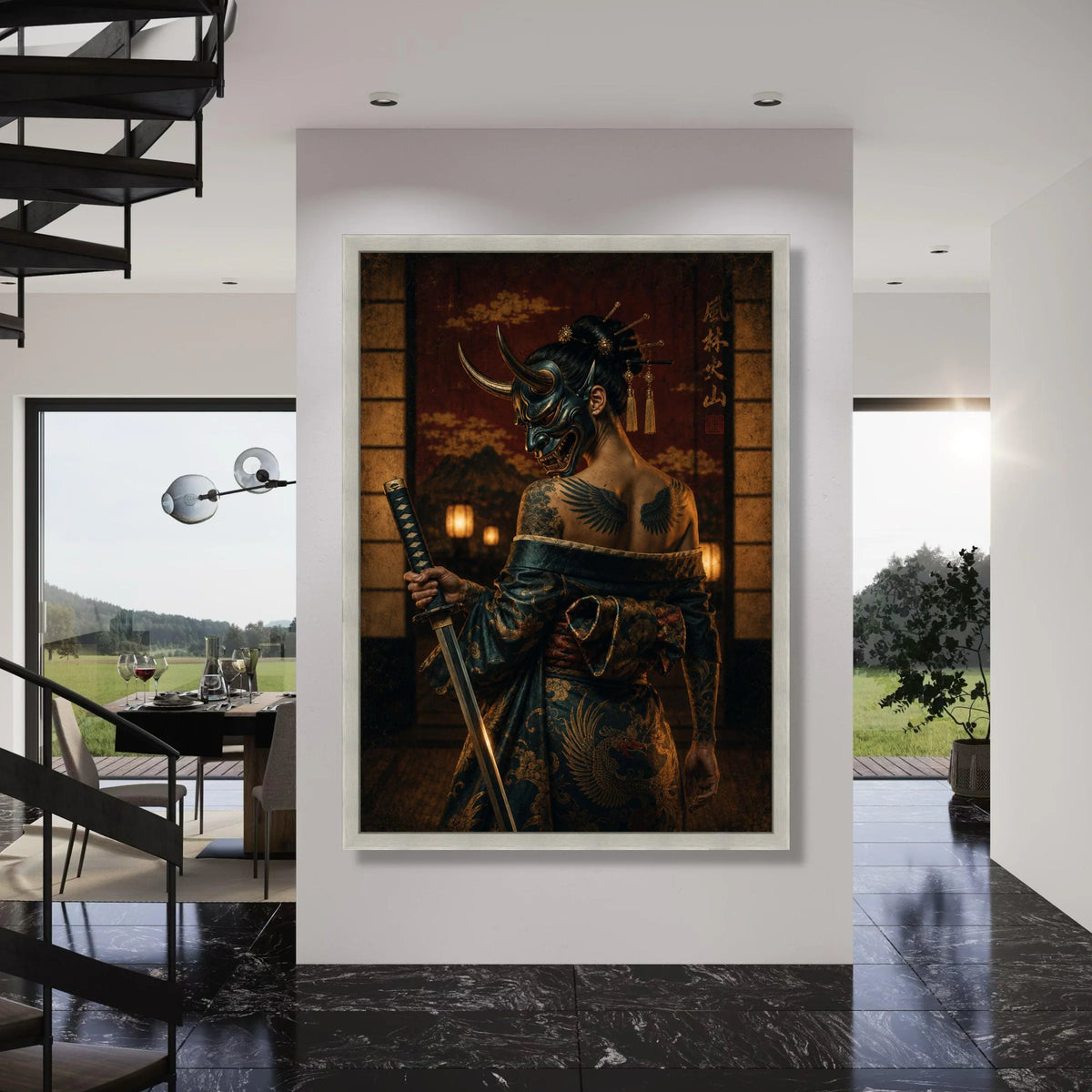 Samurai Woman with Oni Mask and Katana, Traditional Japanese Kimono Canvas, Dark Warrior Wall Art, Tattooed Samurai Canvas, Print Art
