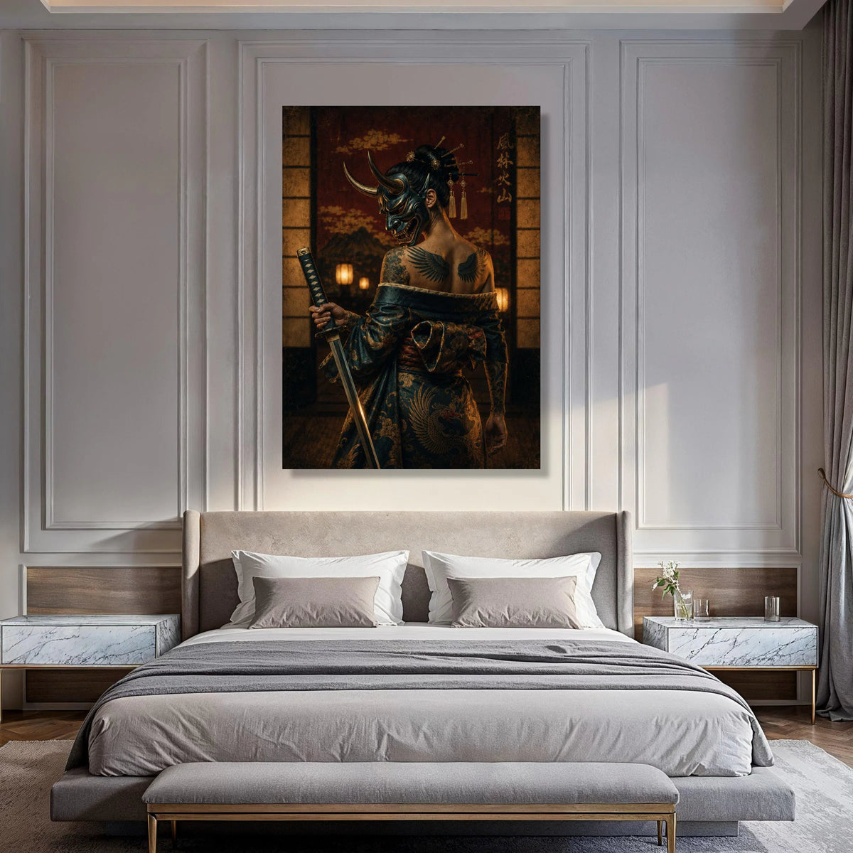 Samurai Woman with Oni Mask and Katana, Traditional Japanese Kimono Canvas, Dark Warrior Wall Art, Tattooed Samurai Canvas, Print Art