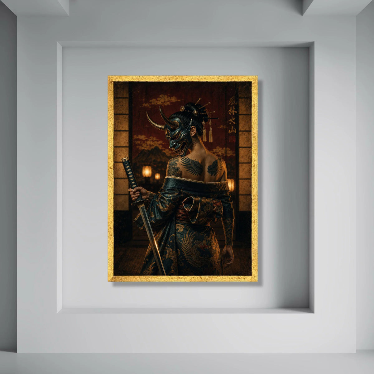 Samurai Woman with Oni Mask and Katana, Traditional Japanese Kimono Canvas, Dark Warrior Wall Art, Tattooed Samurai Canvas, Print Art
