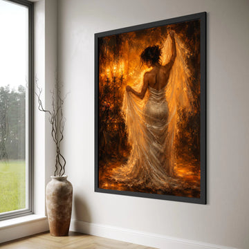 Elegant Woman Flowing Dress Canvas, Warm Candlelight Wall Art, Romantic Indoor Scene, Classic Home Decor, Soft Glow Canvas Print Art