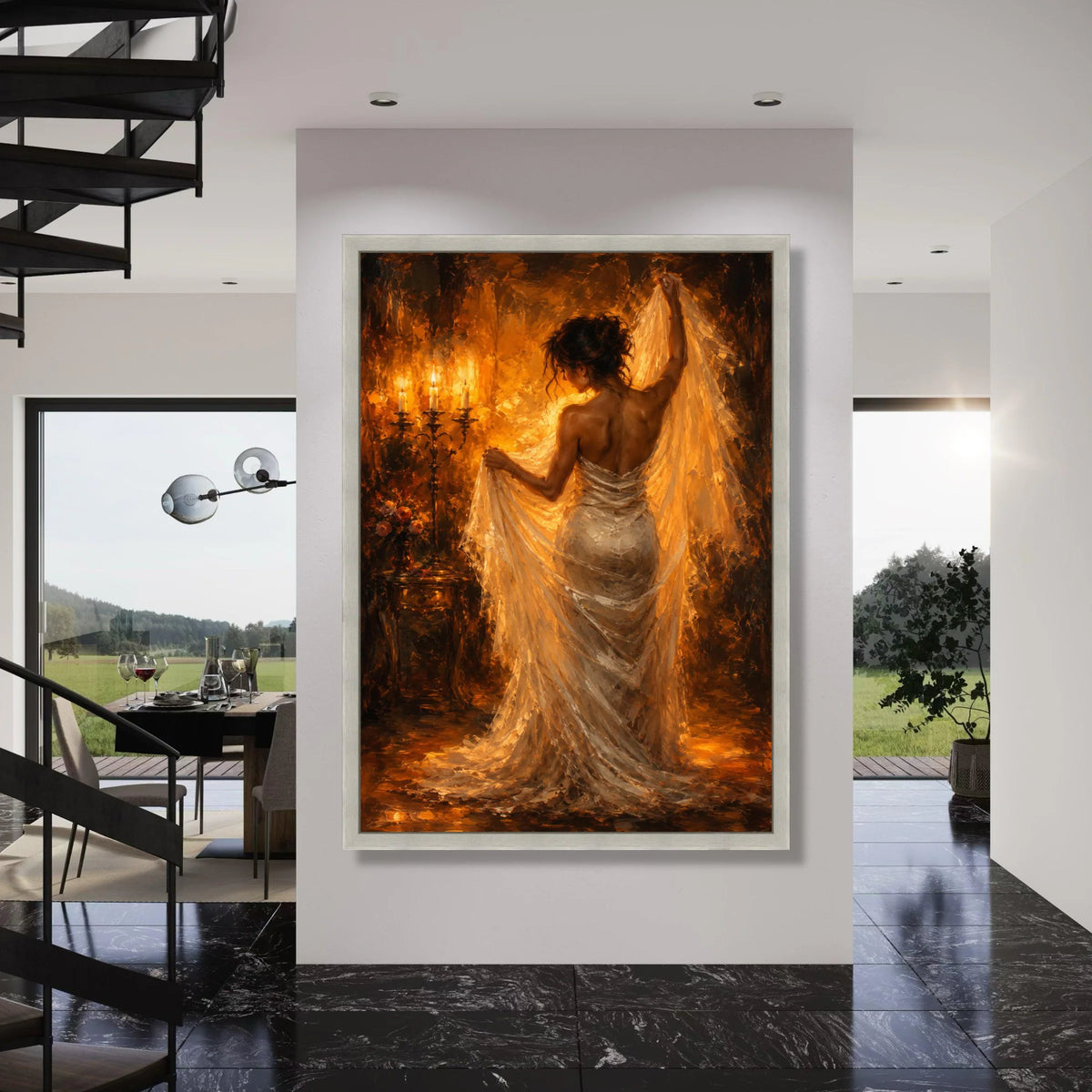 Elegant Woman Flowing Dress Canvas, Warm Candlelight Wall Art, Romantic Indoor Scene, Classic Home Decor, Soft Glow Canvas Print Art