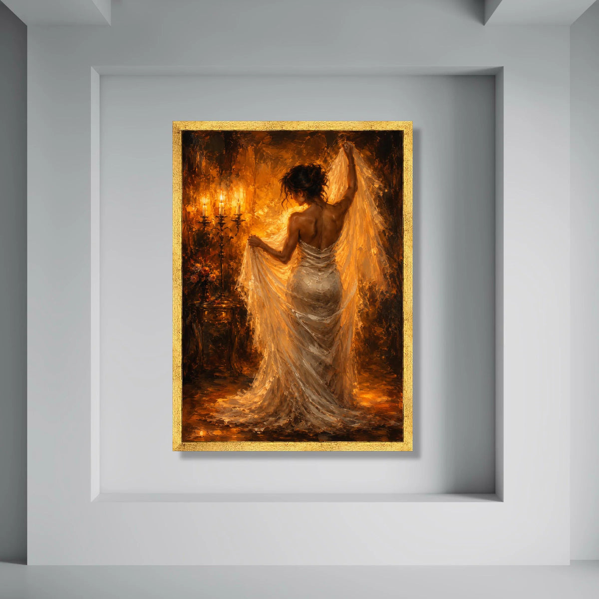 Elegant Woman Flowing Dress Canvas, Warm Candlelight Wall Art, Romantic Indoor Scene, Classic Home Decor, Soft Glow Canvas Print Art