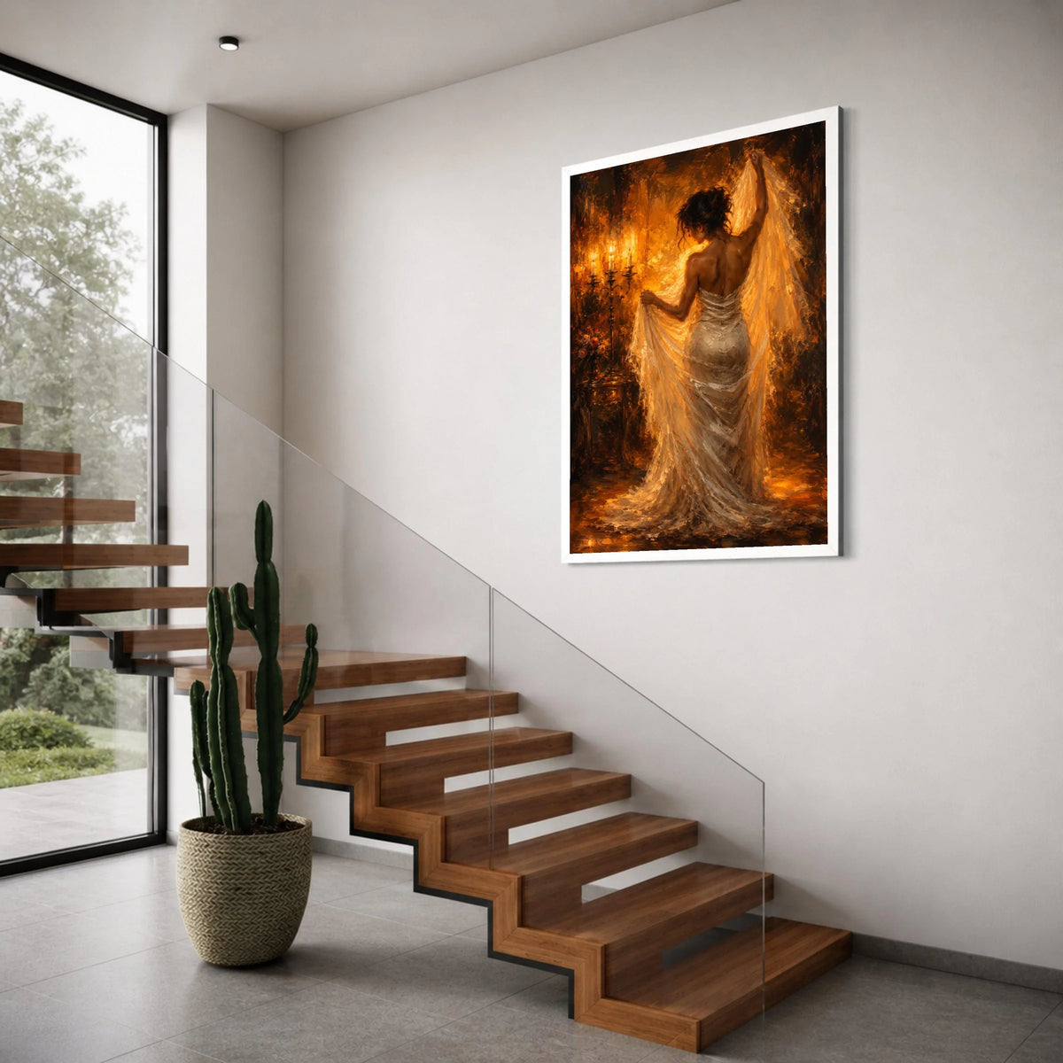 Elegant Woman Flowing Dress Canvas, Warm Candlelight Wall Art, Romantic Indoor Scene, Classic Home Decor, Soft Glow Canvas Print Art