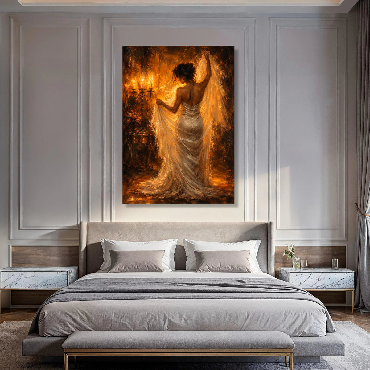 Elegant Woman Flowing Dress Canvas, Warm Candlelight Wall Art, Romantic Indoor Scene, Classic Home Decor, Soft Glow Canvas Print Art