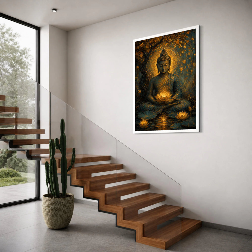 Meditative Buddha Canvas Wall Art, Golden Lotus Bloom, Spiritual Home Decor, Peaceful Zen Landscape, Tranquil Buddha Statue Print Art