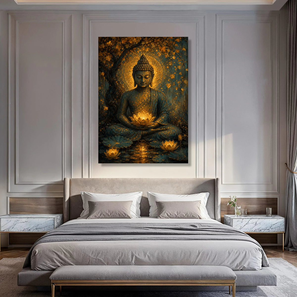 Meditative Buddha Canvas Wall Art, Golden Lotus Bloom, Spiritual Home Decor, Peaceful Zen Landscape, Tranquil Buddha Statue Print Art