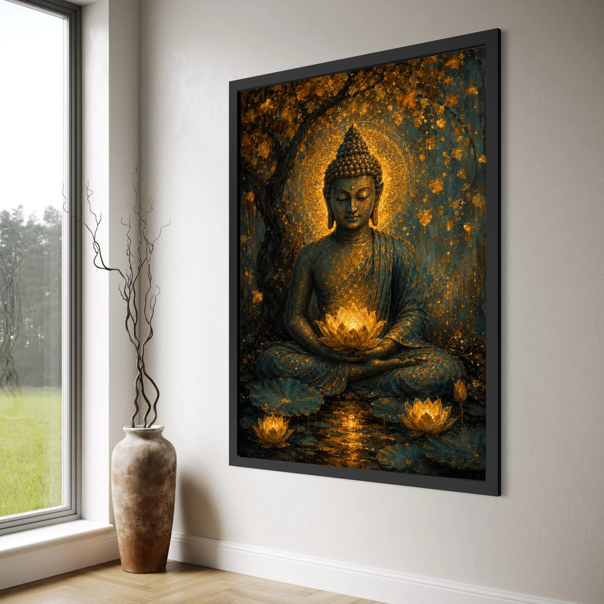 Meditative Buddha Canvas Wall Art, Golden Lotus Bloom, Spiritual Home Decor, Peaceful Zen Landscape, Tranquil Buddha Statue Print Art