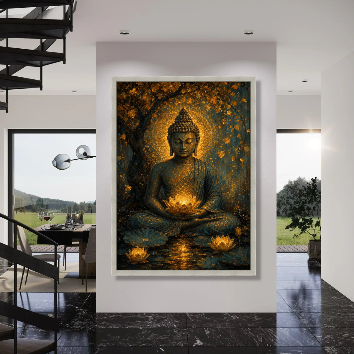 Meditative Buddha Canvas Wall Art, Golden Lotus Bloom, Spiritual Home Decor, Peaceful Zen Landscape, Tranquil Buddha Statue Print Art